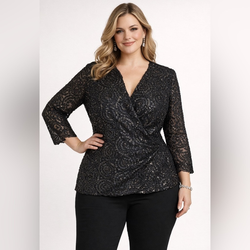 Helene Blake Sequin Faux Wrap Evening Blouse Women 14 Lace Sleeve V Neck Black